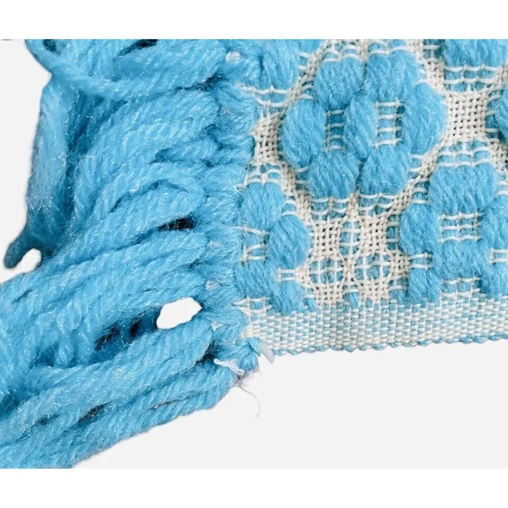 RARE Vintage 1960s Light Blue Fringe Double Daisy Throw Blanket 50x33 BEAUTIFUL